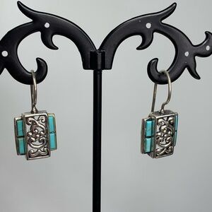 Vintage Sterling Silver & Turquoise Accent Filigree Wire Drop Earrings